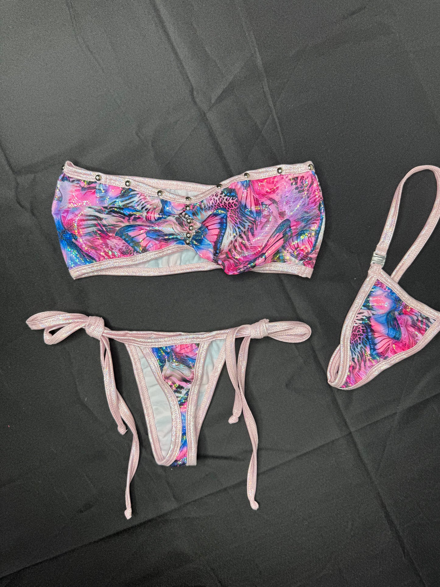 Butterfly Print Spandex Tube Top/Side-Tie Bikini Bottoms Two-Piece Lingerie Outfit