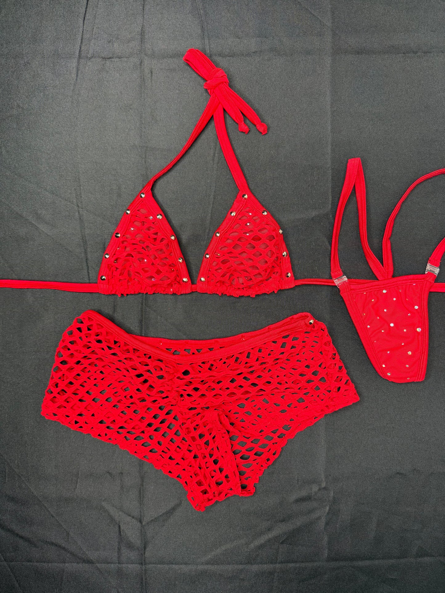 Red Fishnet Spandex Bikini Top/Shorts Two-Piece Lingerie Outfit