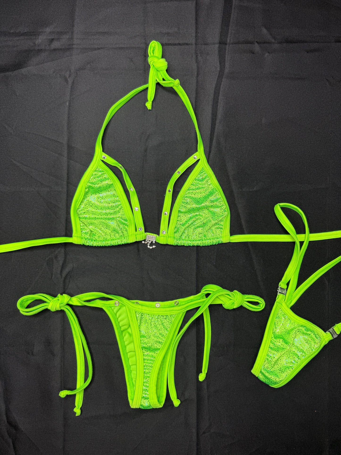 Neon Green Spandex Two-Piece Side-Tie Bikini Lingerie Outfit