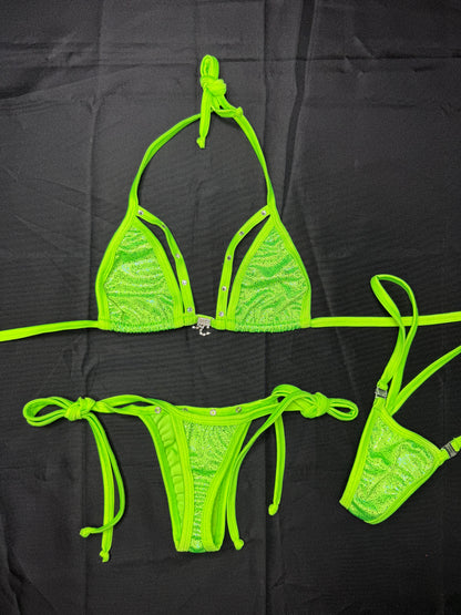 Neon Green Spandex Two-Piece Side-Tie Bikini Lingerie Outfit