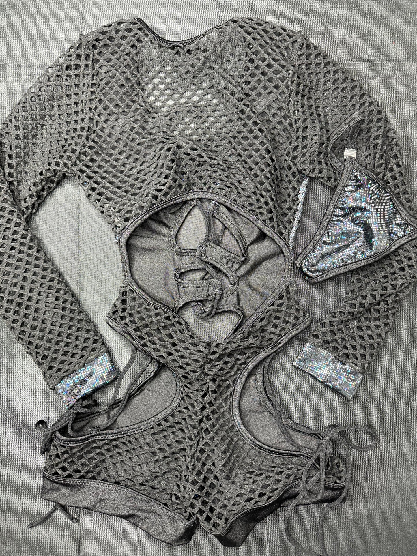 Metallic Black/Black Fishnet Bartender Outfit