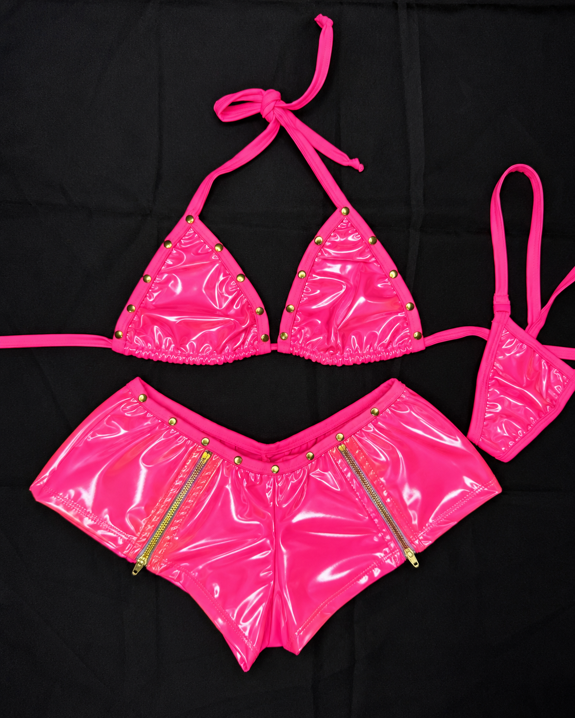 Hot Pink Vinyl Bikini Top/Zipper Shorts Two-Piece Lingerie Outfit