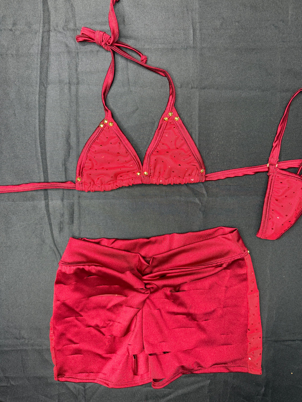 Red Mesh/Burgundy Spandex Two-Piece Shorts Lingerie Outfit