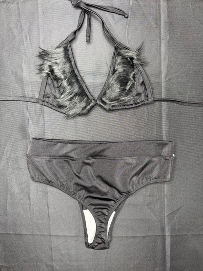 Black Faux Fur/Black Spandex Bikini Top/Shorts Two-Piece Lingerie Outfit