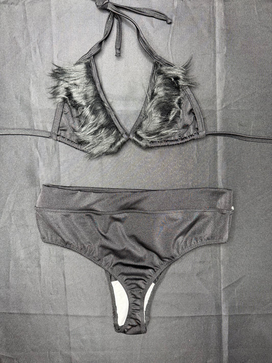 Black Faux Fur/Black Spandex Bikini Top/Shorts Two-Piece Lingerie Outfit