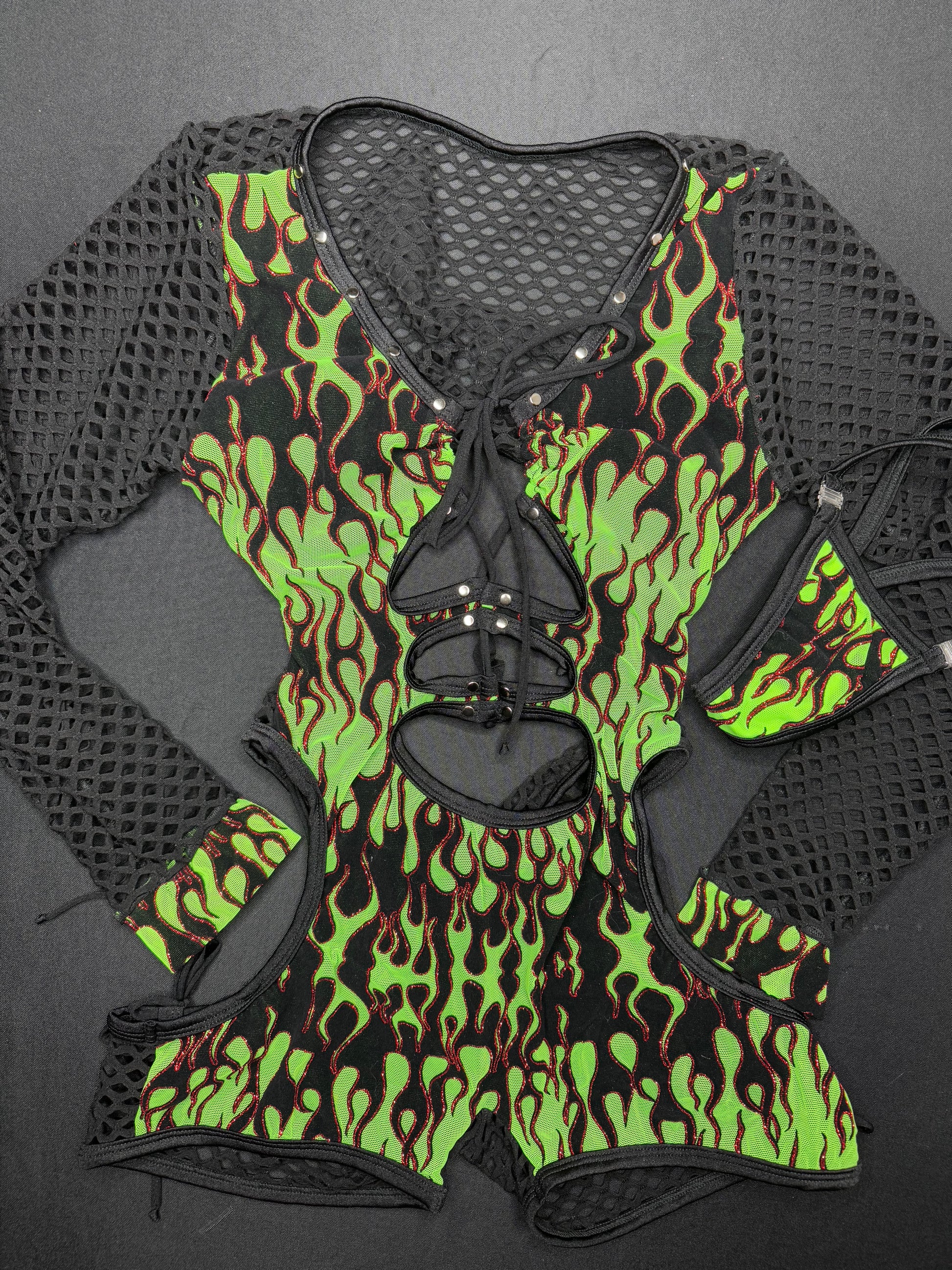 Green Mesh/Black Flame Fishnet One-Piece Romper Lingerie Outfit ...