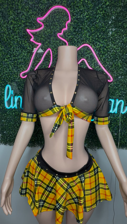 Yellow Plaid Spandex/Black Mesh Top School Girl Lingerie Outfit