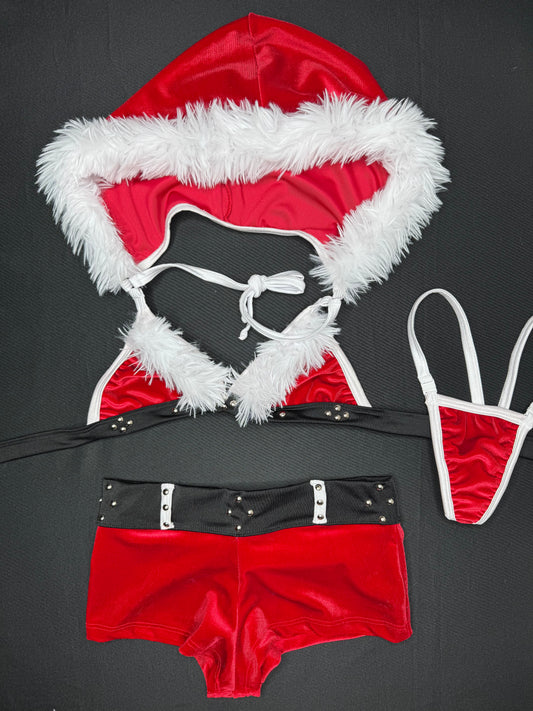 Red Velvet Bikini Top/Hoodie Shorts Two-Piece Christmas Lingerie Outfit