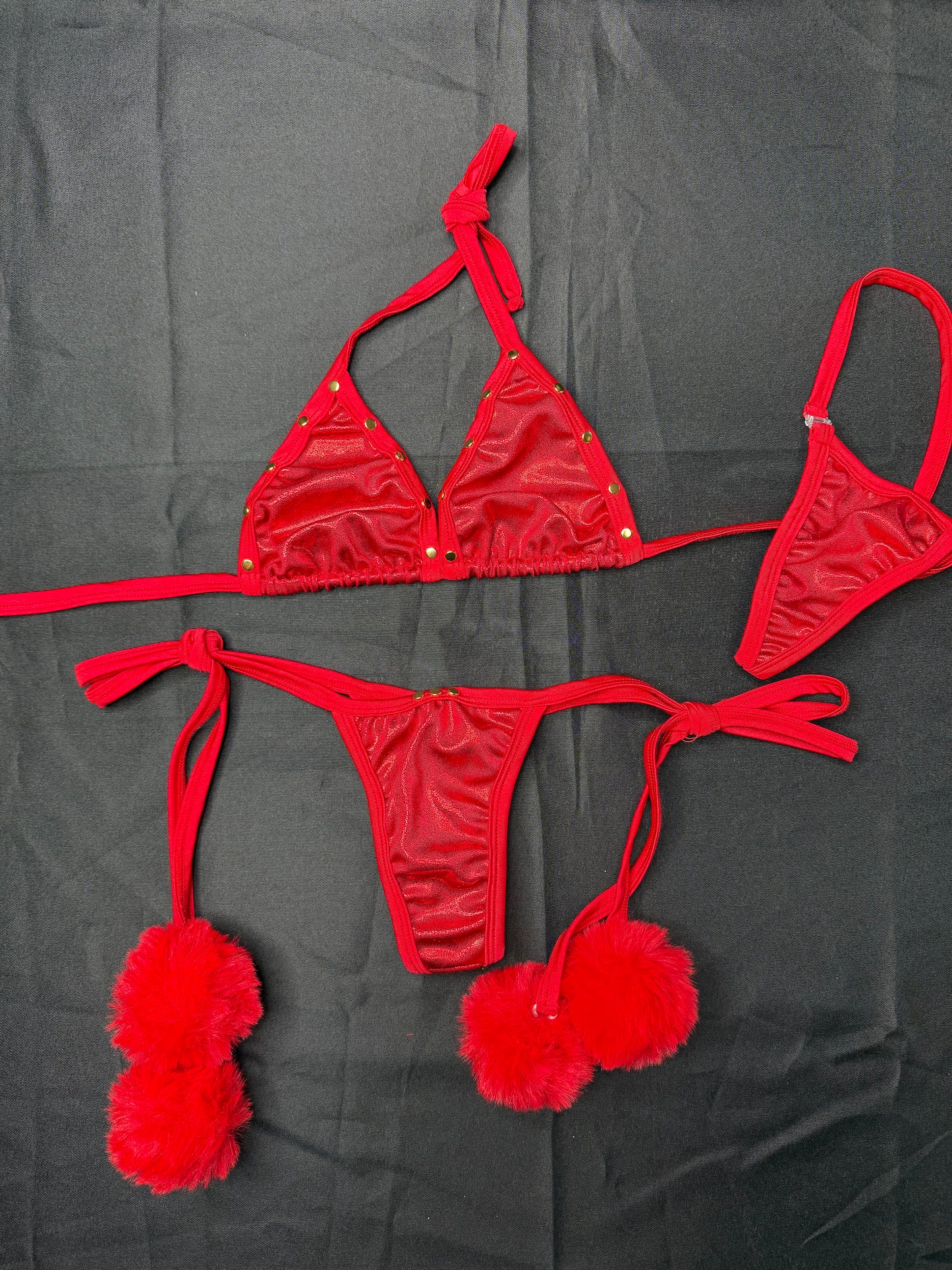 Red Metallic Spandex/Red Fur Two-Piece Bikini Lingerie Outfit
