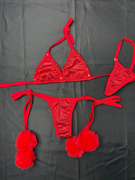 Red Metallic Spandex/Red Fur Two-Piece Bikini Lingerie Outfit