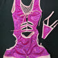 Hot Pink Metallic Spandex/Baby Pink Fishnet Romper Lingerie Outfit