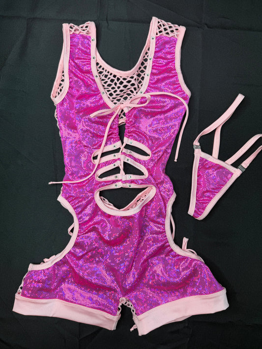 Hot Pink Metallic Spandex/Baby Pink Fishnet Romper Lingerie Outfit