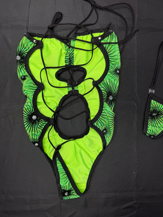Metallic Lime Green/Black Spandex One-Piece Lingerie Outfit