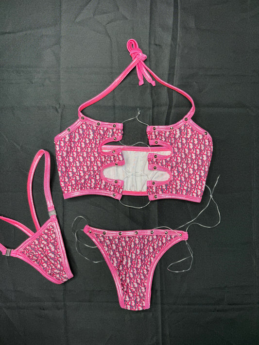 Designer Pink Sports Bra/Bikini Bottom Two-Piece Lingerie Outfit