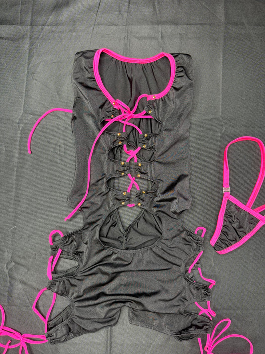 Hot Pink/Black Spandex One-Piece Lingerie Outfit