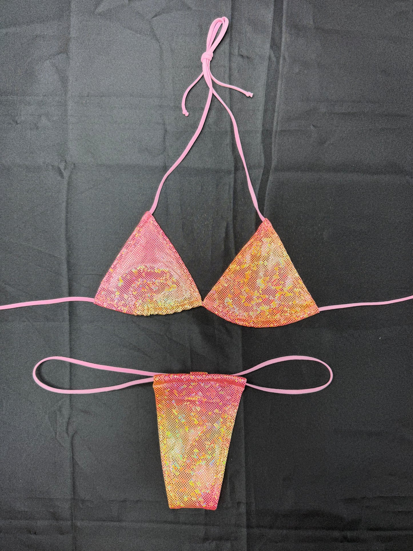 Metallic Pink/Orange/Yellow Spandex Two-Piece Micro Bikini Lingerie Outfit