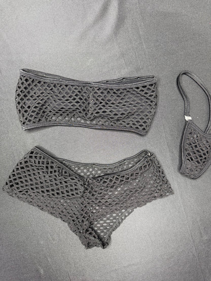 Black Fishnet/Mesh Tube Top Shorts Two-Piece Lingerie Outfit