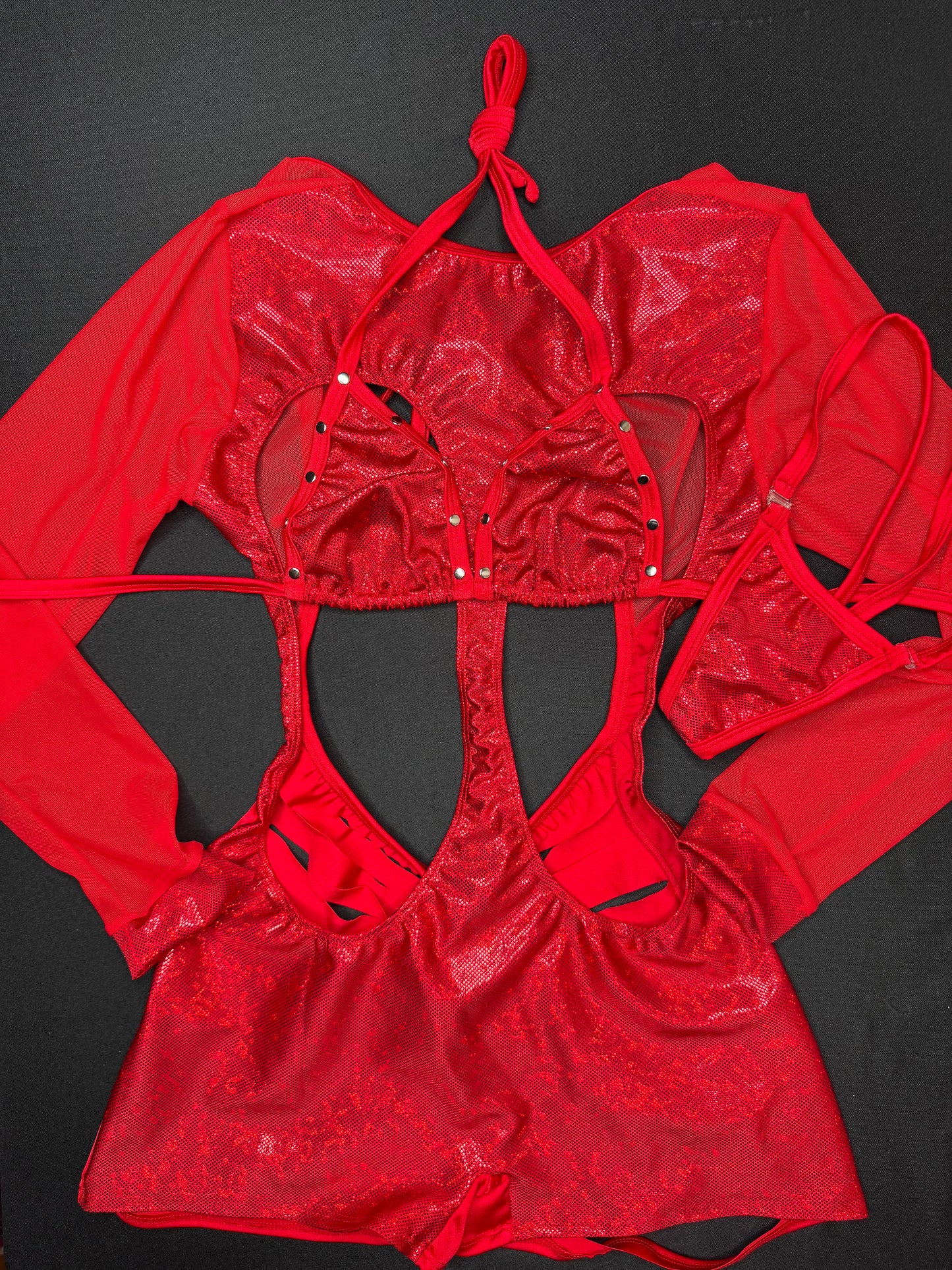 Metallic Red Spandex/Red Mesh Ripped Back Romper Lingerie Outfit