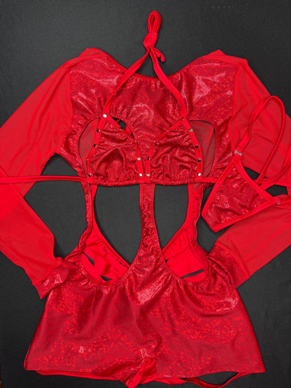 Metallic Red Spandex/Red Mesh Ripped Back Romper Lingerie Outfit