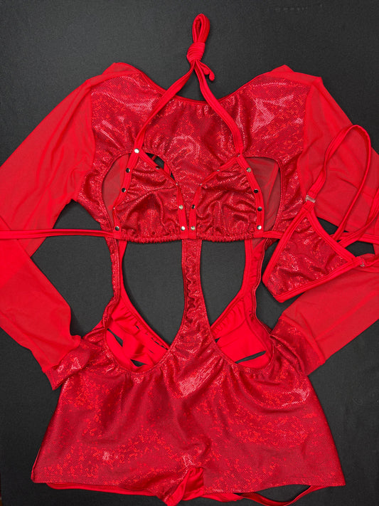 Metallic Red Spandex/Red Mesh Ripped Back Romper Lingerie Outfit