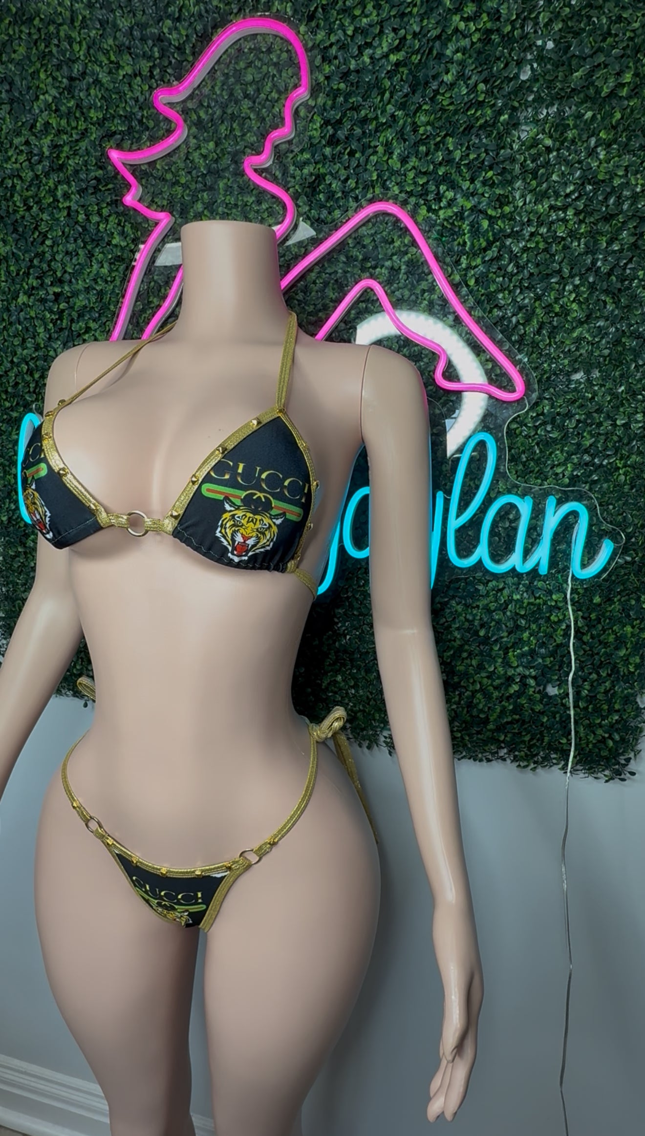 Gold/Designer Tiger Spandex Two-Piece Lingerie Outfit