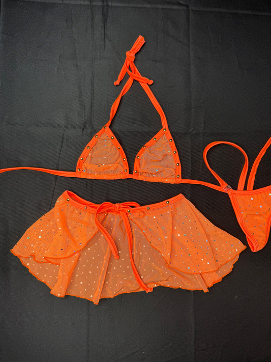 Orange Mesh Bikini Top/Skirt Two-Piece Lingerie Outfit