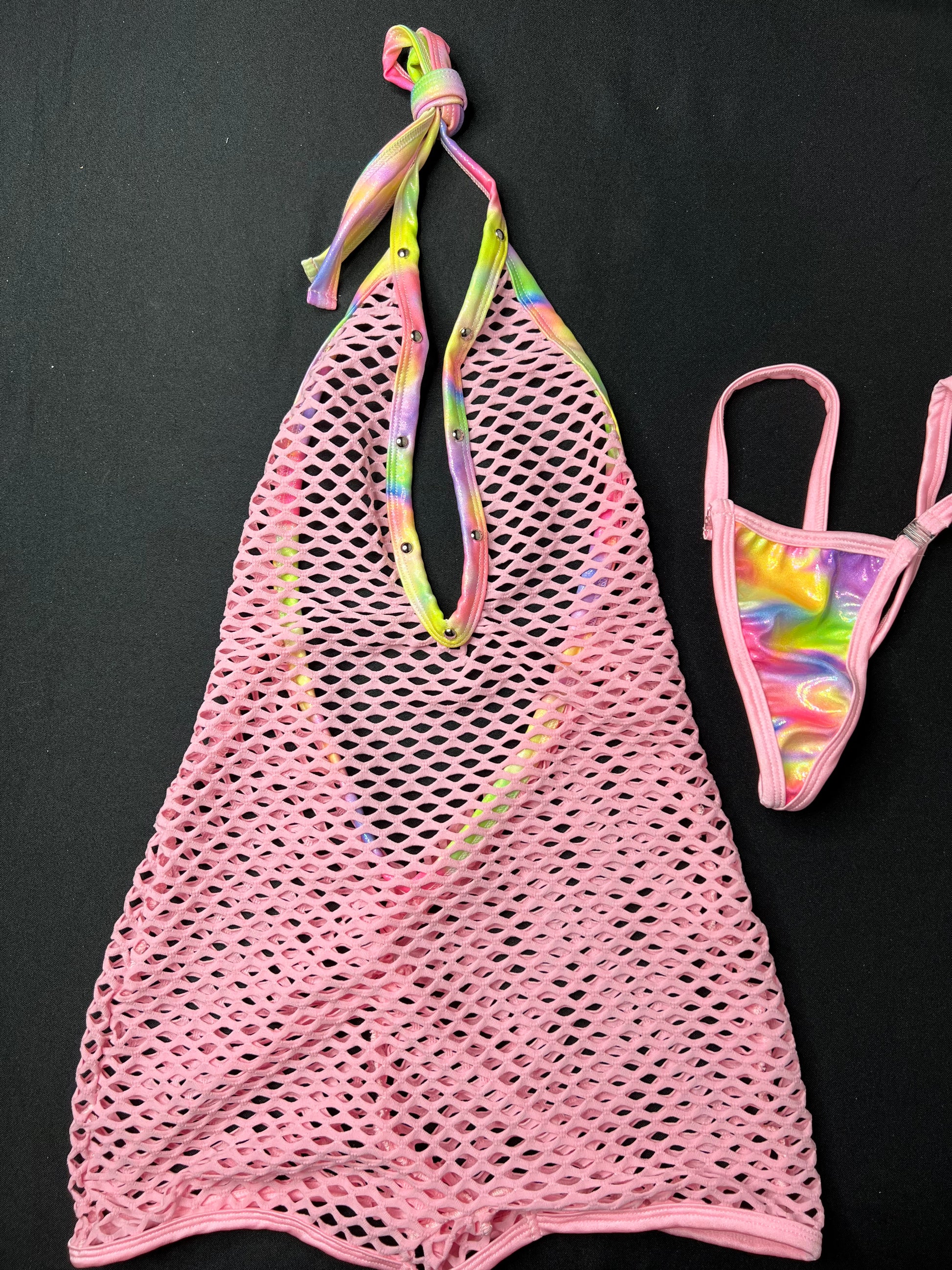 Rainbow Spandex/Baby Pink Fishnet One-Piece Lingerie Outfit ...