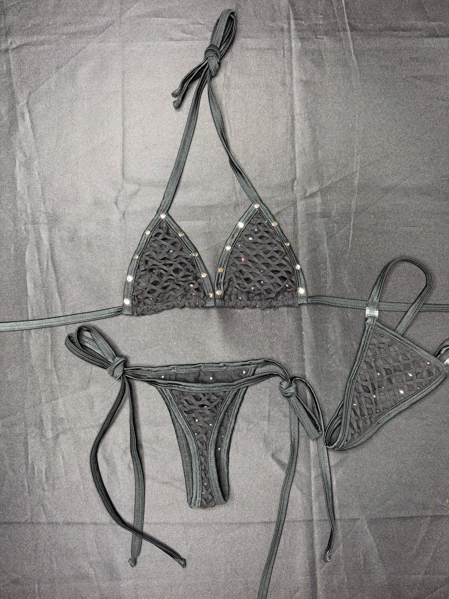 Black Mesh/Fishnet Spandex Two-Piece Bikini Lingerie Outfit