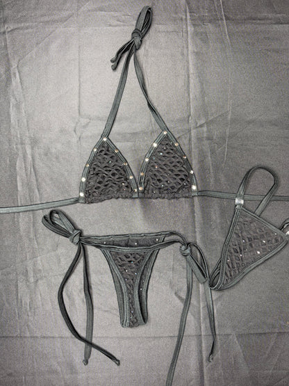 Black Mesh/Fishnet Spandex Two-Piece Bikini Lingerie Outfit
