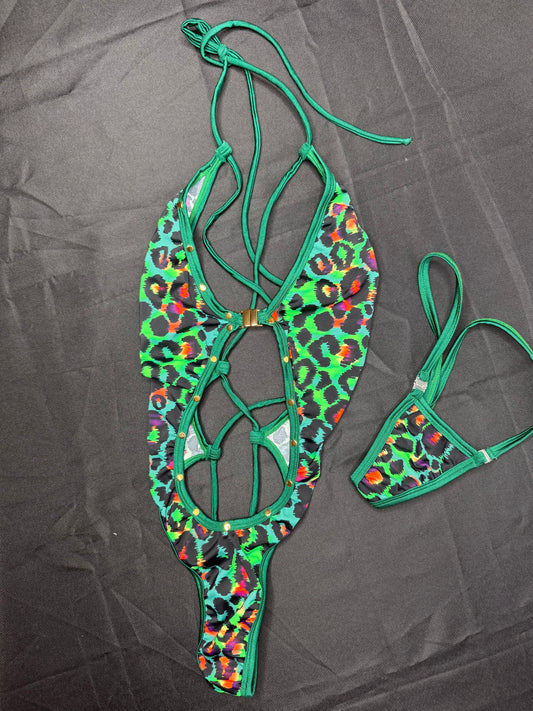 Green Cheetah Animal Print One-Piece Lingerie Outfit