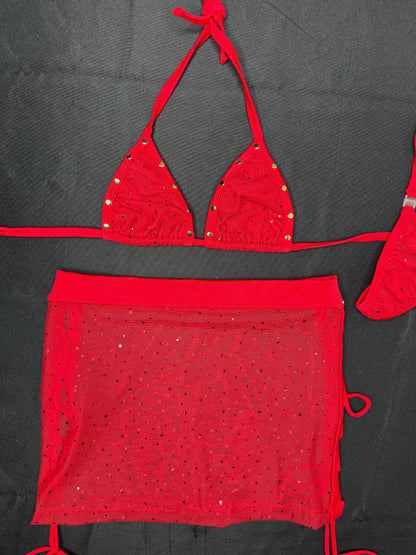 Red Mesh Bikini Top/Skirt Two-Piece Lingerie Outfit