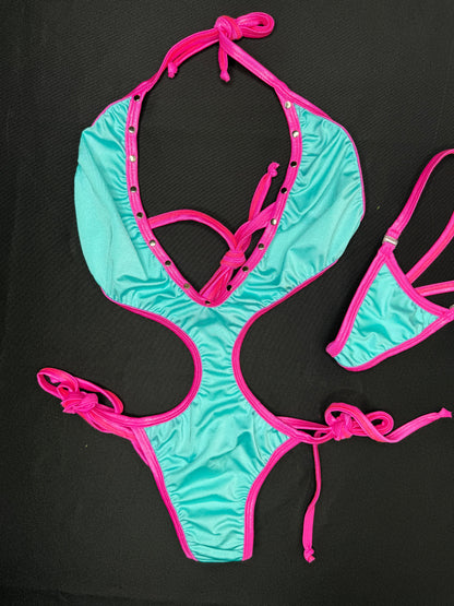 Cyan/Hot Pink Spandex One-Piece Lingerie Outfit