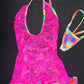 Hot Pink Lace/Rainbow Spandex Ripped Back One-Piece Lingerie Outfit