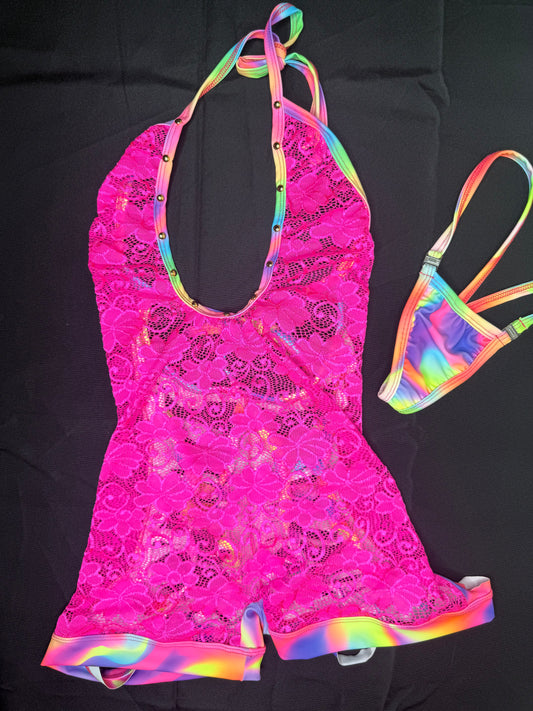 Hot Pink Lace/Rainbow Spandex Ripped Back One-Piece Lingerie Outfit