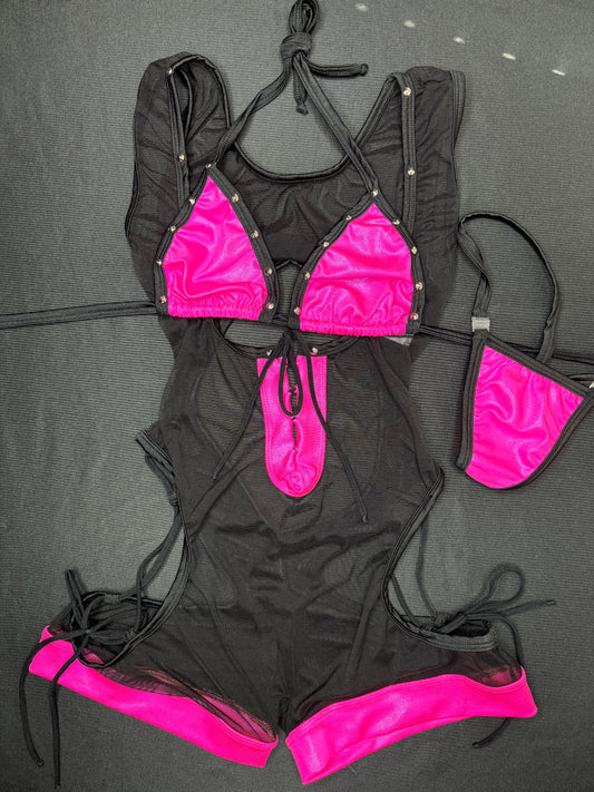 Hot Pink/Black Mesh Shoulder Romper Lingerie Outfit