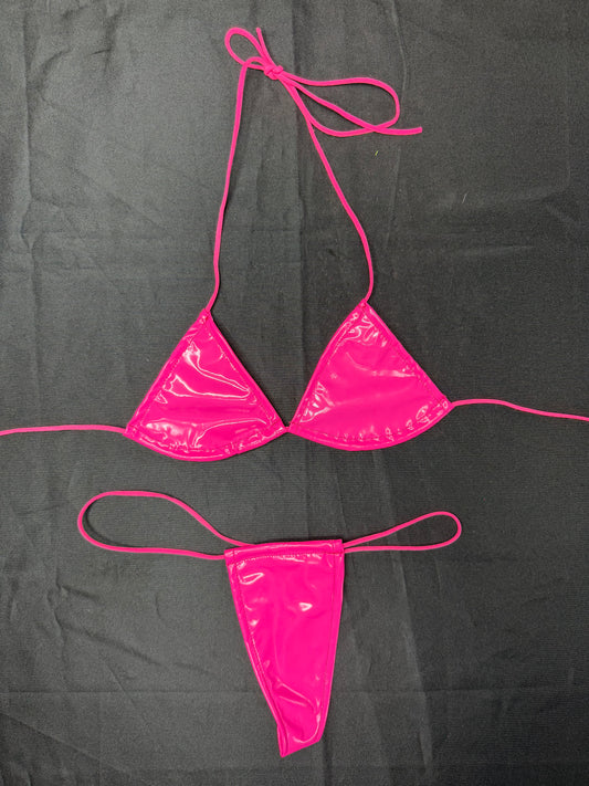 Hot Pink Vinyl Micro Bikini Lingerie Outfit