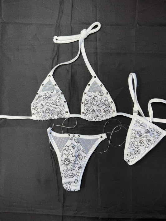 White Bandanna Spandex/White Mesh Two-Piece Bikini Lingerie Outfit