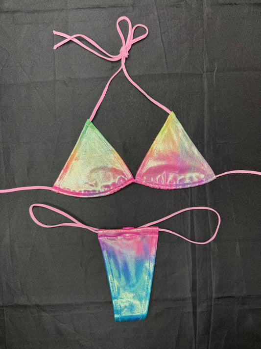 Metallic Rainbow Spandex Micro Bikini Lingerie Outfit