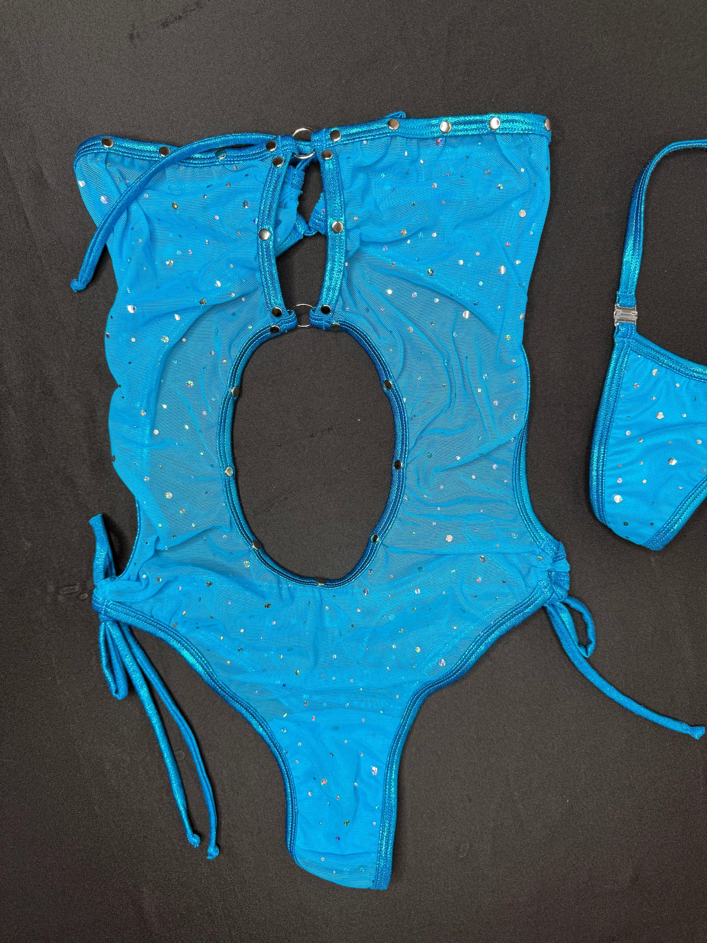 Turquoise Mesh/Metallic Turquoise Spandex One-Piece Lingerie Outfit