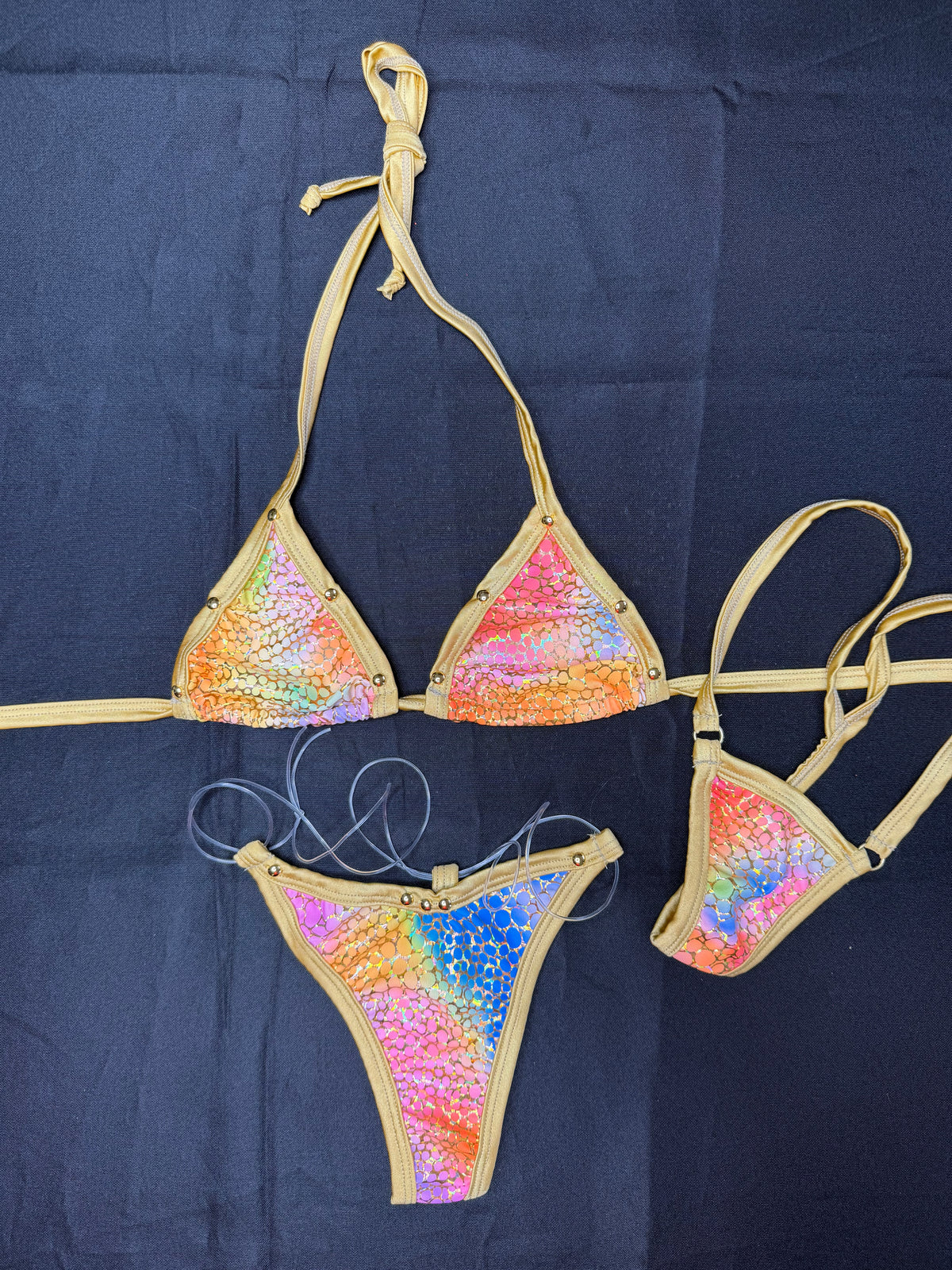Multicolor Iridescent/Holographic with Gold trim Two-Piece Bikini Lingerie Outfit