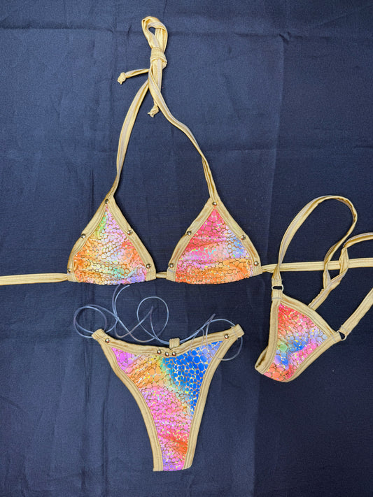Multicolor Iridescent/Holographic with Gold trim Two-Piece Bikini Lingerie Outfit