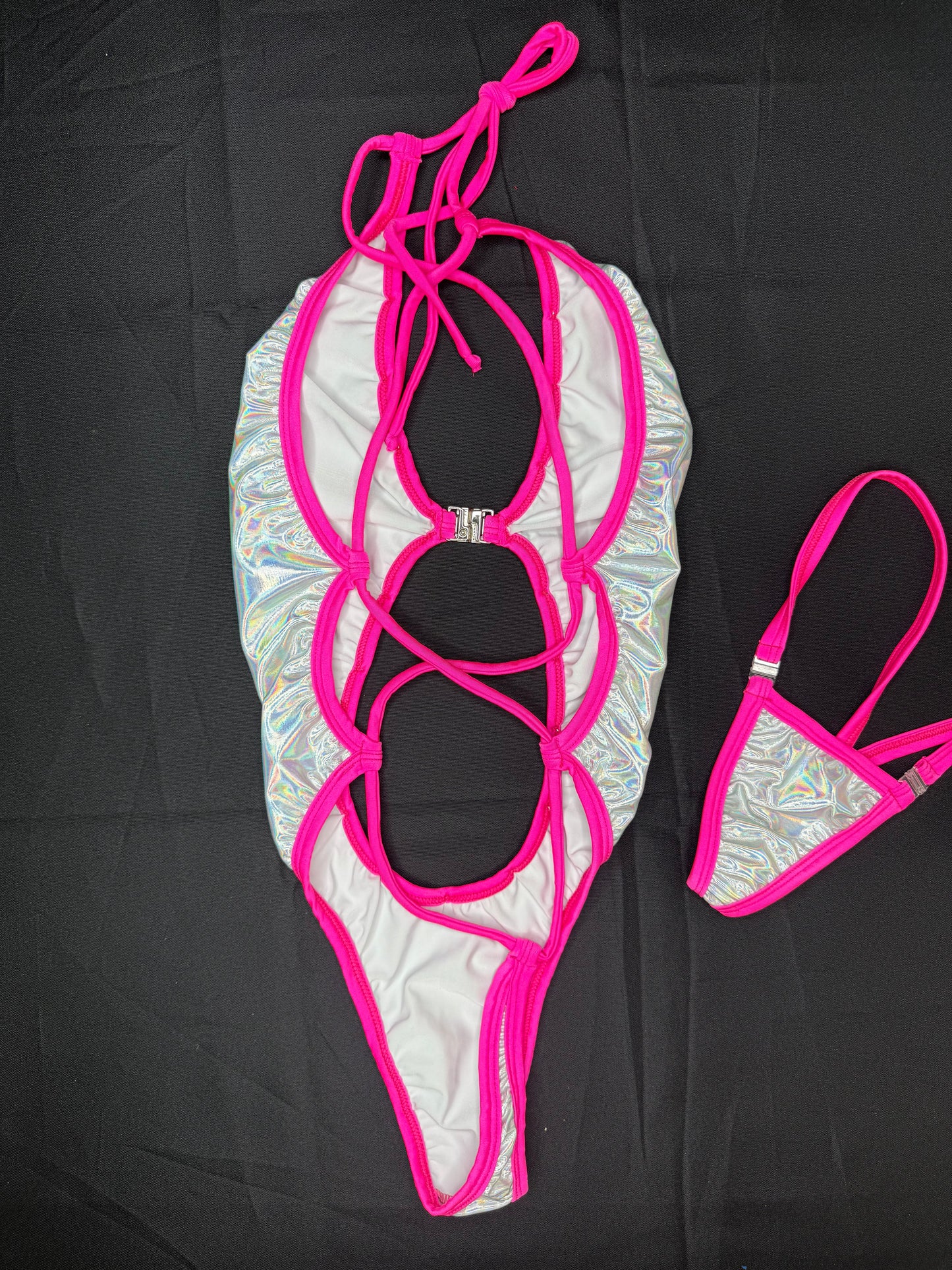 Chrome/Hot Pink Spandex One-Piece Lingerie Outfit