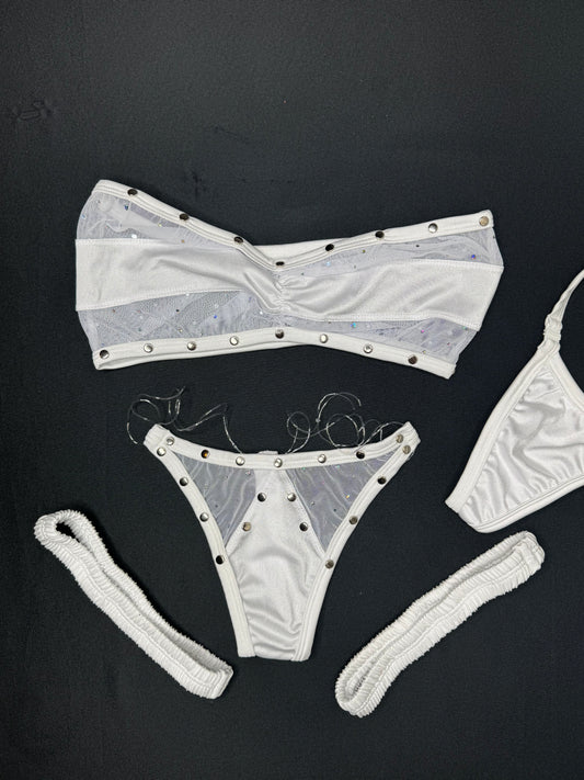 White Mesh/Spandex Three-Piece Tube Top Bikini/Garters Lingerie Outfit