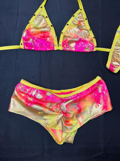 Yellow/Pink Spandex One-Piece Lingerie Outfit
