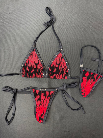 Red Flame Mesh Two-Piece Side Tie Bikini Lingerie Outfit