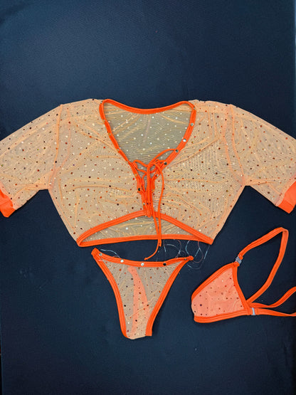 Orange Sparkle Mesh Short Sleeve Top/Silicone String Bottoms Two-Piece Lingerie Outfit