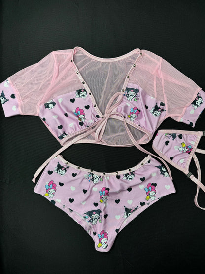 Baby Pink Kuromi Two-Piece Shorts Lingerie Outfit