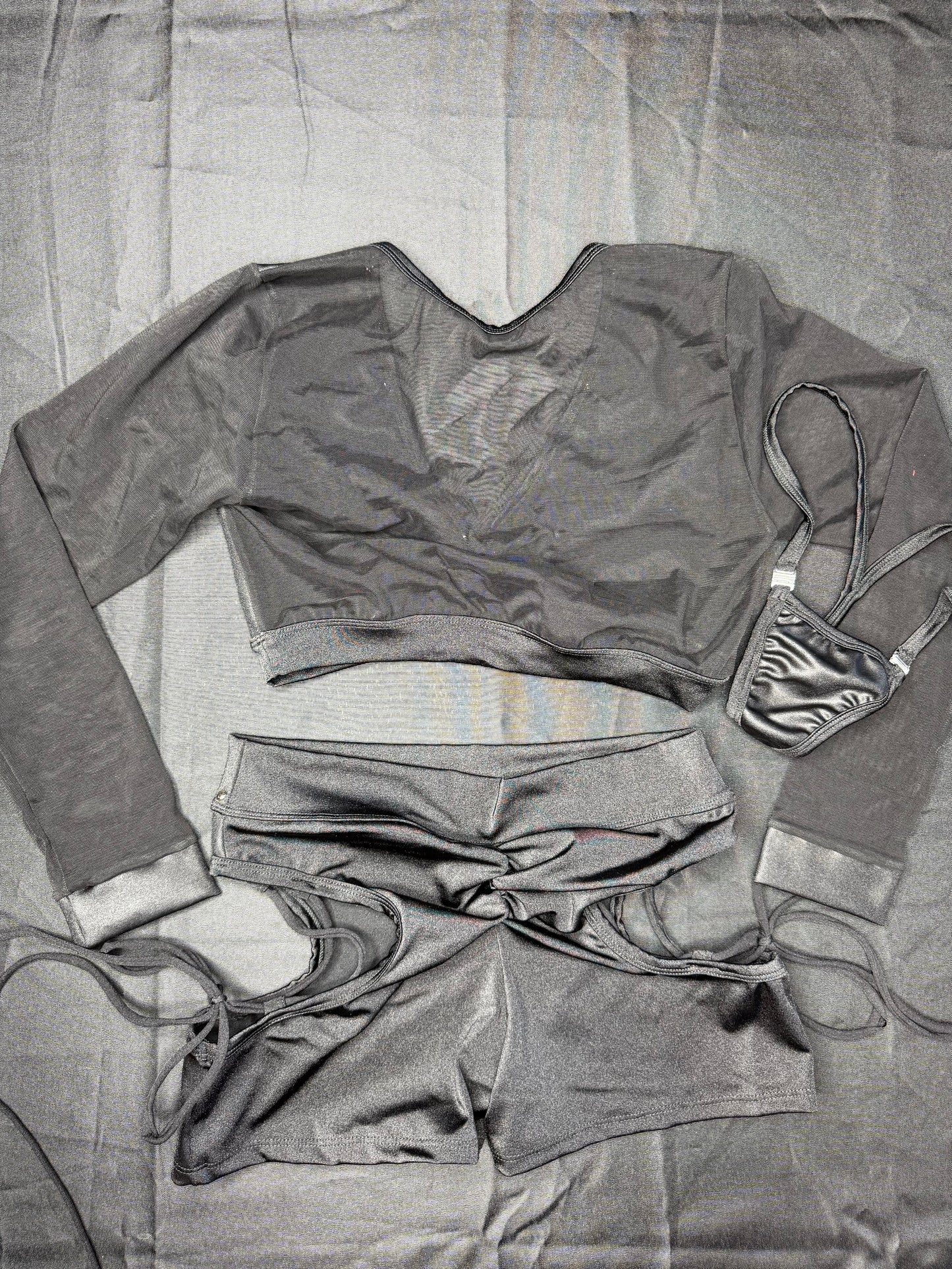 Matte Black Spandex/Black Mesh Long Sleeve Two-Piece Shorts Lingerie Outfit