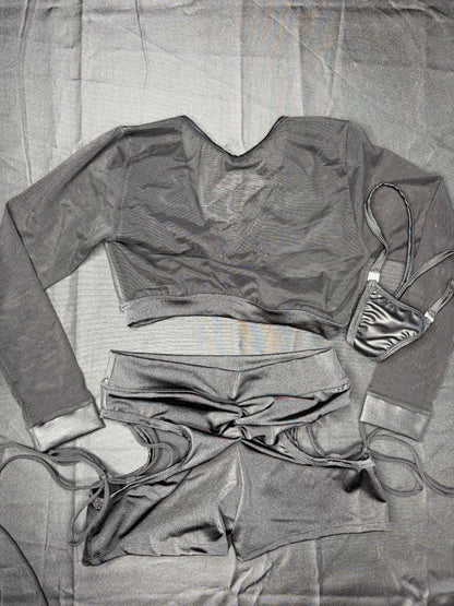 Matte Black Spandex/Black Mesh Long Sleeve Two-Piece Shorts Lingerie Outfit