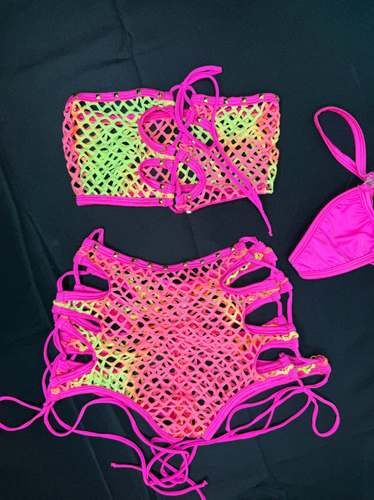 Ombré Fishnet Tube Top/Shorts Two-Piece Lingerie Outfit